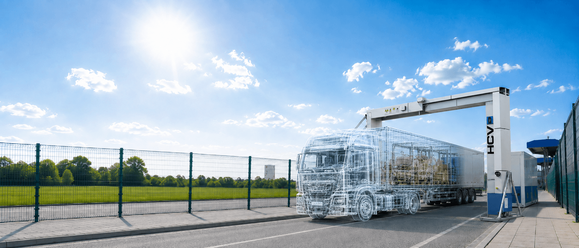 A cargo truck passing through an HCVP drive-through X-ray inspection portal, shown in scanned wireframe view